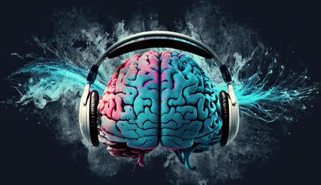 Concepts of music therapy and music healing. 3D brain in headphones. Psychological therapy thanks to sounds.の素材