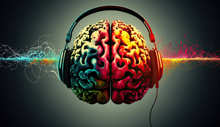 Concepts of music therapy and music healing. 3D brain in headphones. Psychological therapy thanks to sounds.の素材