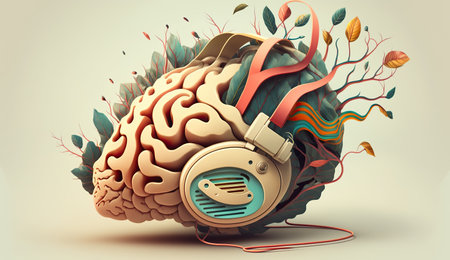 Concepts of music therapy and music healing. 3D brain in headphones. Psychological therapy thanks to sounds.の素材