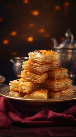 Traditional Middle Eastern Flavors. Pistachio baklava. close-up. Traditional Turkish baklava. local name fistikli baklava. Generative AIの素材