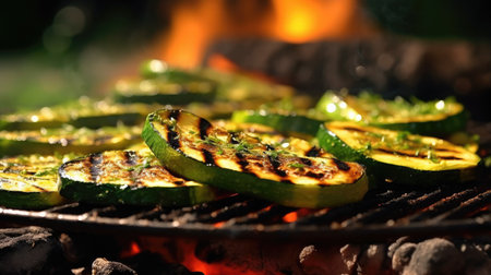 Spicy hot grilled zucchini, cooked on the grill. Concept of healthy eating and delicious food. Top view, copy space, close up. Generative AIの素材