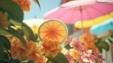 Summer minimal fashion concept. Tropical bright colorful background with exotic fruits and flowers. Summer in bright and soft colors. Time for holidays. Places for rest. Time for hot discounts. Generative AIの素材