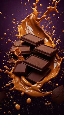 Splashes from pieces of melted chocolate. chocolate drops. Taste pleasure and temptation. chocolate day. Generative AIの素材