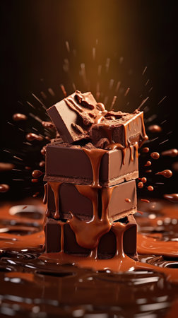 Splashes from pieces of melted chocolate. chocolate drops. Taste pleasure and temptation. chocolate day. Generative AIの素材