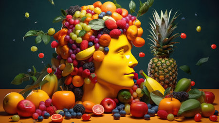 Healthy eating for better thinking. nutrition change. Vitamins in vegetables and fruits, to improve the well-being of the human body, concept. Generative AIの素材