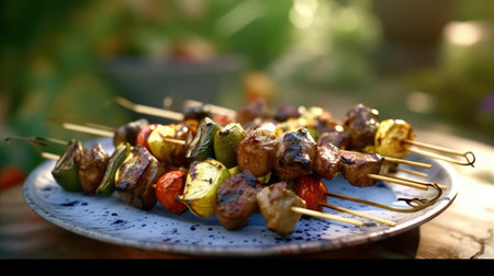 Recipes for cooking grilled meat and vegetables. Skewers of meat and vegetables grilled on a wooden board. Good food to cook outside. Delicious summer food. Generative AIの素材