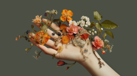 Hand creams and lotions. Skin scrub. hand massage. Flowers with hands as a concept of well-groomed and tender skin at any age. Generative AIの素材