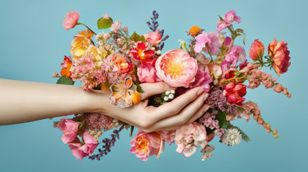 Hand creams and lotions. Skin scrub. hand massage. Flowers with hands as a concept of well-groomed and tender skin at any age. Generative AIの素材