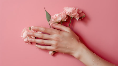 Hand creams and lotions. Skin scrub. hand massage. Flowers with hands as a concept of well-groomed and tender skin at any age. Generative AIの素材