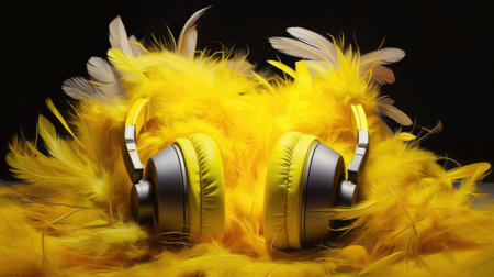 Headphones and soft yellow feathers on background. ASMR Stress-relieving sounds concept. Autonomous sensory meridional response is both a psychological and a physical experience. ASMR Mukbang. Generative AIの素材