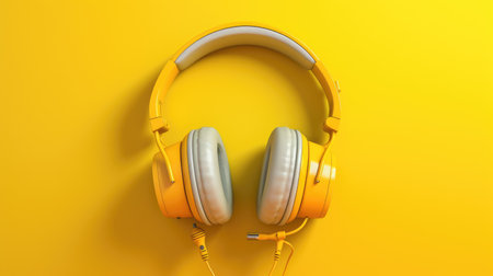 Headphones on yellow background. ASMR Stress-relieving sounds concept. Autonomous sensory meridional response is both a psychological and a physical experience. ASMR Mukbang. Generative AIの素材