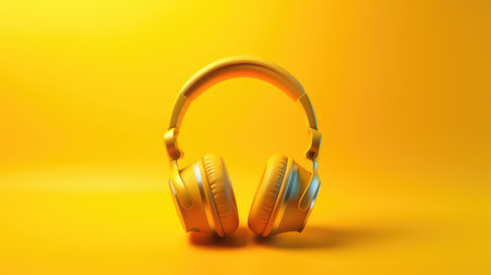 Headphones on yellow background. ASMR Stress-relieving sounds concept. Autonomous sensory meridional response is both a psychological and a physical experience. ASMR Mukbang. Generative AIの素材
