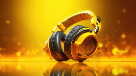 Headphones on yellow background. ASMR Stress-relieving sounds concept. Autonomous sensory meridional response is both a psychological and a physical experience. ASMR Mukbang. Generative AIの素材