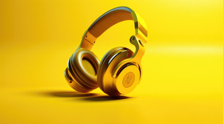 Headphones on yellow background. ASMR Stress-relieving sounds concept. Autonomous sensory meridional response is both a psychological and a physical experience. ASMR Mukbang. Generative AIの素材