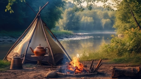 Tourists set up a camping camp on the bank of the river. Resting on the lake by the campfire. Vacation in the fresh air. Generative AIの素材