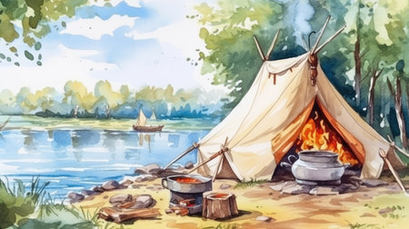 Tourists set up a camping camp on the bank of the river. Resting on the lake by the campfire. Vacation in the fresh air. Generative AIの素材