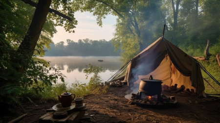 Tourists set up a camping camp on the bank of the river. Resting on the lake by the campfire. Vacation in the fresh air. Generative AIの素材