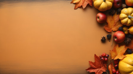 Autumn season concept, leaves or harvested crop. Pumpkin, autumn leaves, and on an orange background. fresh vegetables template. Top view, flat layout. Generative AIの素材