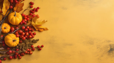 Autumn season concept, leaves or harvested crop. Pumpkin, autumn leaves, and on an orange background. fresh vegetables template. Top view, flat layout. Generative AIの素材