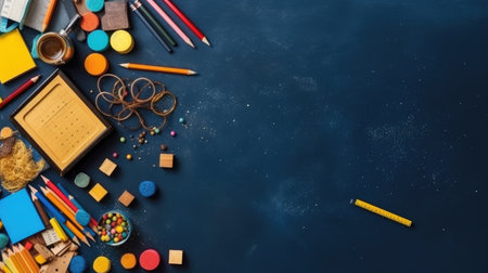 School supplies, colored pencils, paints, notebook on a plain color background. back to school background. Children's table top view. School supplies for learning. Generative AIの素材