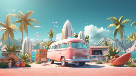 Green palm trees, suitcases packed for travel, transport and inviting water to bathe in it against the background of the summer sky. Hot vacation and travel concept. Season of sales and summer discounts. Time to relax. Generative AIの素材