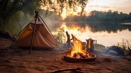 Tourists set up a camping camp on the bank of the river. Resting on the lake by the campfire. Vacation in the fresh air. Generative AIの素材