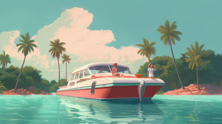 Green palm trees, suitcases packed for travel, transport and inviting water to bathe in it against the background of the summer sky. Hot vacation and travel concept. Season of sales and summer discounts. Time to relax. Generative AIの素材