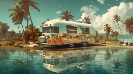 Green palm trees, suitcases packed for travel, transport and inviting water to bathe in it against the background of the summer sky. Hot vacation and travel concept. Season of sales and summer discounts. Time to relax. Generative AIの素材