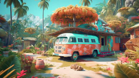 Green palm trees, suitcases packed for travel, transport and inviting water to bathe in it against the background of the summer sky. Hot vacation and travel concept. Season of sales and summer discounts. Time to relax. Generative AIの素材