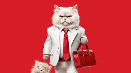 Portrait of a business cat in an official business suit. The concept of risks in business and contracts. Fears in the work of large campaigns. Fraud during the signing of contracts, when merging companies. Generative AIの素材