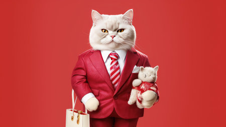 Portrait of a business cat in an official business suit. The concept of risks in business and contracts. Fears in the work of large campaigns. Fraud during the signing of contracts, when merging companies. Generative AIの素材