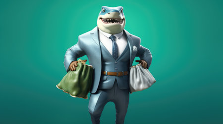 Portrait of a business shark in an official business suit. The concept of risks in business and contracts. Fears in the work of large campaigns. Fraud during the signing of contracts, when merging companies. Generative AIの素材