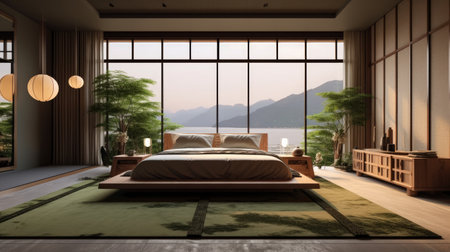 A modern bedroom made of wood in pastel beige tones. Interior design concept Japandi. Double bed, parquet. Japanese minimalist interiors. Generative AIの素材