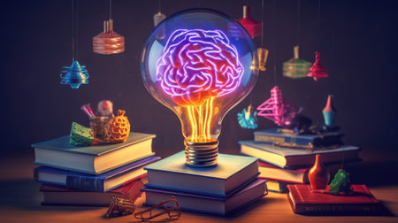 A book with a light bulb on top as a symbol of an idea or invention. Day of Knowledge. Concepts of training, education and e-learning. Generative AIの素材