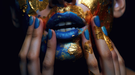 Image of attractive and sensual female lips painted with colored lipstick. The concept of lip care, treating them from various diseases thanks to cosmetics. Generative AIの素材