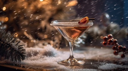Christmas drinks, martini cocktail on the background of garland and decorated Christmas tree. Cocktail bacal with frosting and coconut shavings. Alcoholic and non-alcoholic drinks for holidays. Generative AIの素材