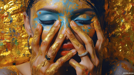 Image of attractive and sensual female lips painted with colored lipstick. The concept of lip care, treating them from various diseases thanks to cosmetics. Generative AIの素材