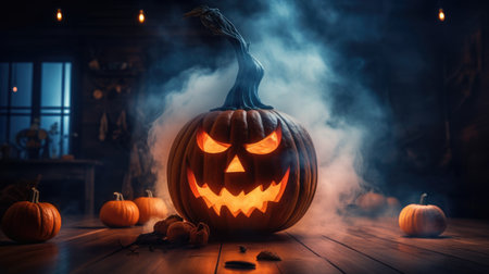 A mystical and scary pumpkin for Halloween. Celebrating All Saints' Day with a pumpkin lantern. The concept of the traditions of the people from the history of life. Generative AIの素材