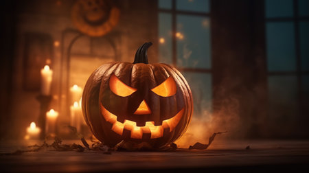 A mystical and scary pumpkin for Halloween. Celebrating All Saints' Day with a pumpkin lantern. The concept of the traditions of the people from the history of life. Generative AIの素材