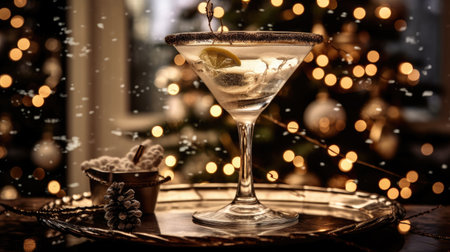 Christmas drinks, martini cocktail on the background of garland and decorated Christmas tree. Cocktail bacal with frosting and coconut shavings. Alcoholic and non-alcoholic drinks for holidays. Generative AIの素材