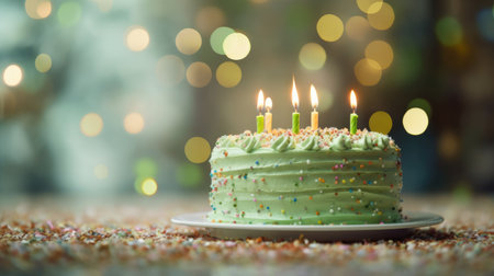 A birthday cake with lighted candles stands on a stand on the table. Joy to celebrate the anniversary. Blurred background with lights. Generative AIの素材