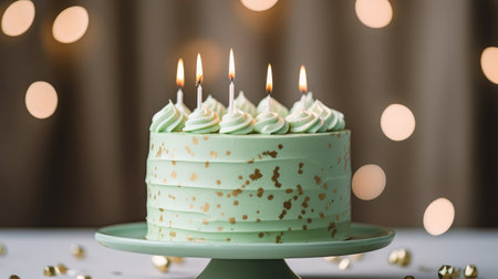 A birthday cake with lighted candles stands on a stand on the table. Joy to celebrate the anniversary. Blurred background with lights. Generative AIの素材