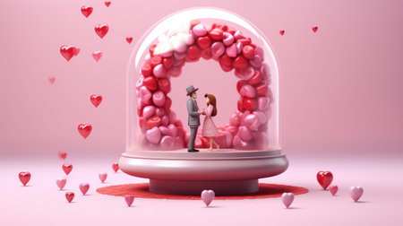 A couple in love is standing opposite each other on a pink background with balls. Valentine's Day scene. The tendency to find your partner in life. Generative AIの素材