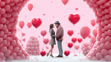 A couple in love is standing opposite each other on a pink background with balls. Valentine's Day scene. The tendency to find your partner in life. Generative AIの素材