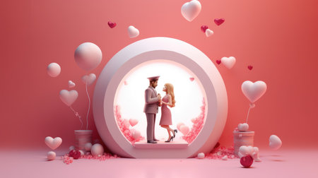 A couple in love is standing opposite each other on a pink background with balls. Valentine's Day scene. The tendency to find your partner in life. Generative AIの素材