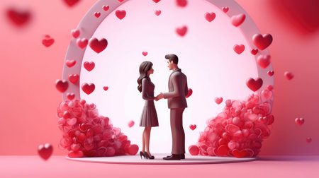 A couple in love is standing opposite each other on a pink background with balls. Valentine's Day scene. The tendency to find your partner in life. Generative AIの素材