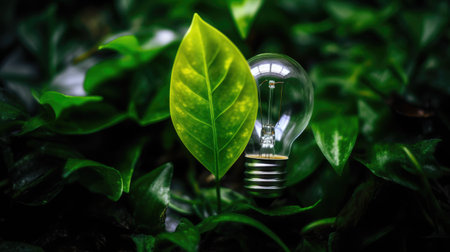 Energy conservation, light bulb on the background of green leaves as a symbol. The concept of environmentally friendly energy in the world to improve the living environment. Modern energy technologies are compatible with nature. Generative AIの素材
