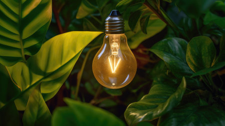 Energy conservation, light bulb on the background of green leaves as a symbol. The concept of environmentally friendly energy in the world to improve the living environment. Modern energy technologies are compatible with nature. Generative AIの素材