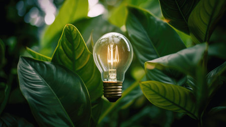 Energy conservation, light bulb on the background of green leaves as a symbol. The concept of environmentally friendly energy in the world to improve the living environment. Modern energy technologies are compatible with nature. Generative AIの素材