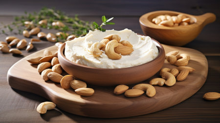 Temptingly delicious cream cheese with cashews and nuts. cheese paste. Generative AIの素材
